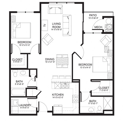 Floor plan for 2 beds, 2 baths, 1093 sqft